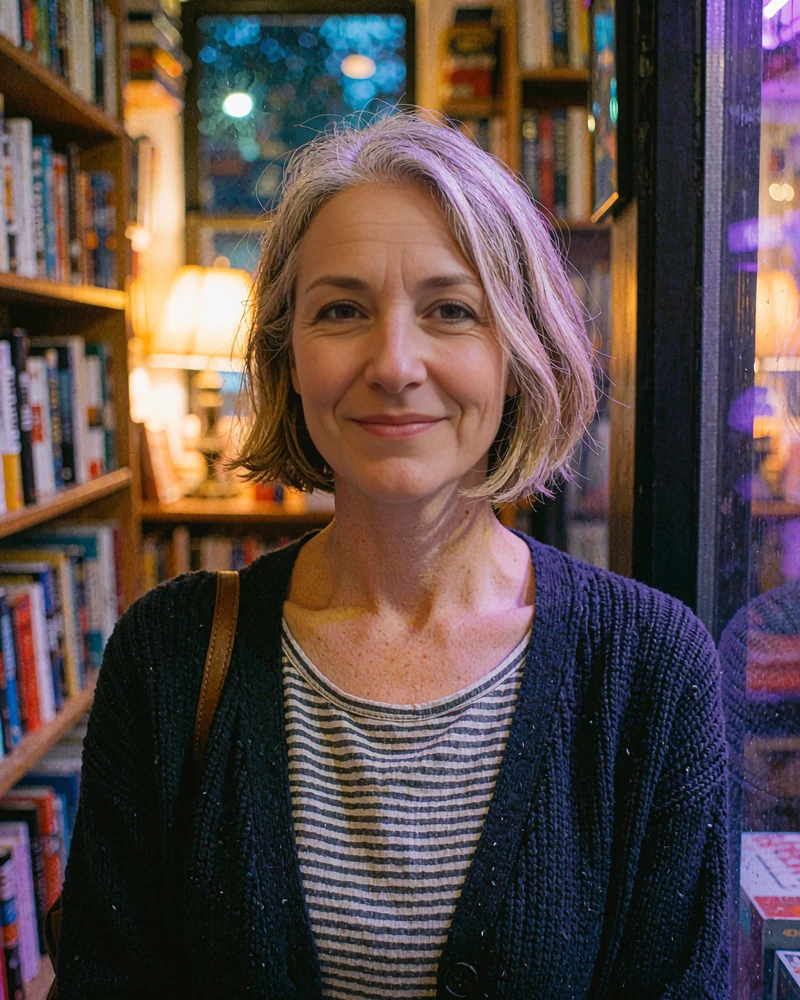 Illustrative profile of a mature single woman with silver-streaked hair in a navy cardigan inside a cozy bookstore