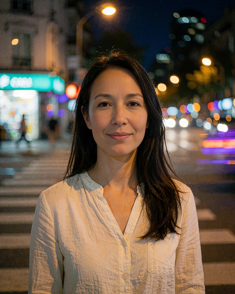 Example online dating profile picture of a woman with long dark hair in a cream blouse at a night crosswalk