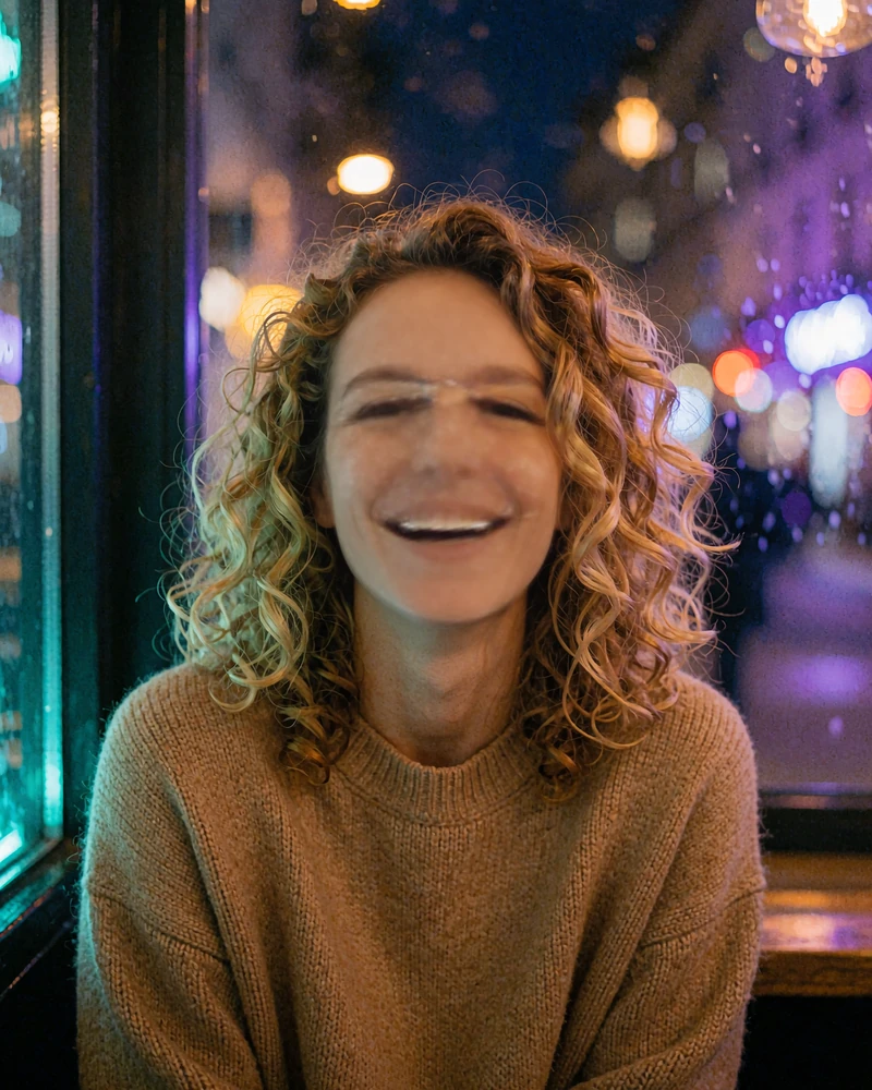 Illustrative dating profile of a laughing woman with curly hair in a knit sweater at a cafe window in the evening