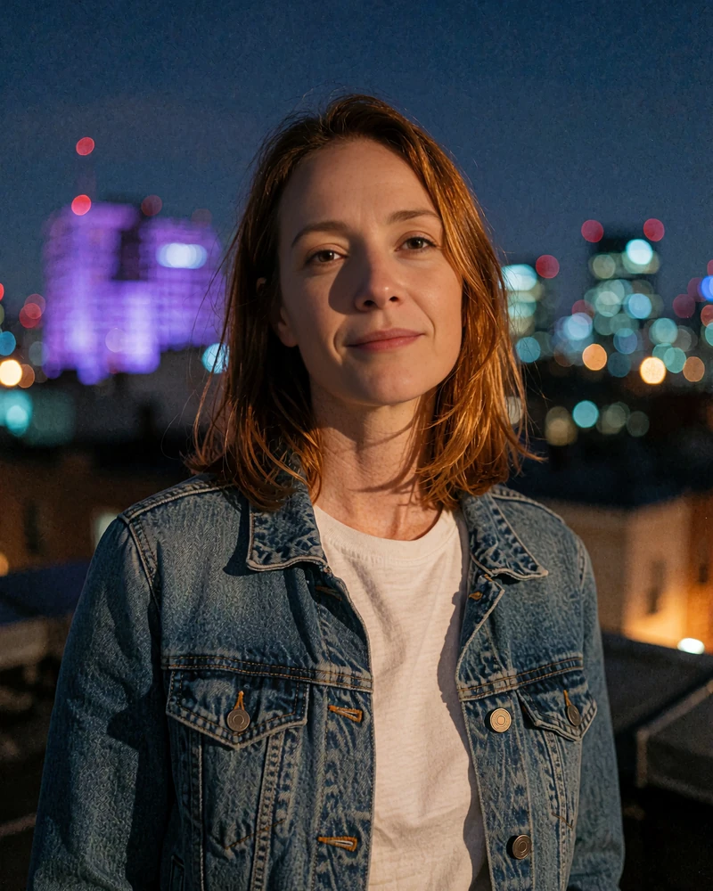 Sample Ihappydate-style profile photo of a woman with auburn hair in a denim jacket on a city rooftop at dusk